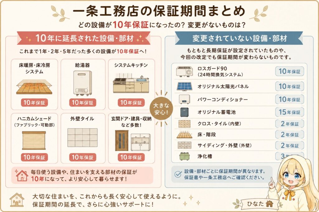 一条工務店の対象設備ごとの保証期間を一覧で比較